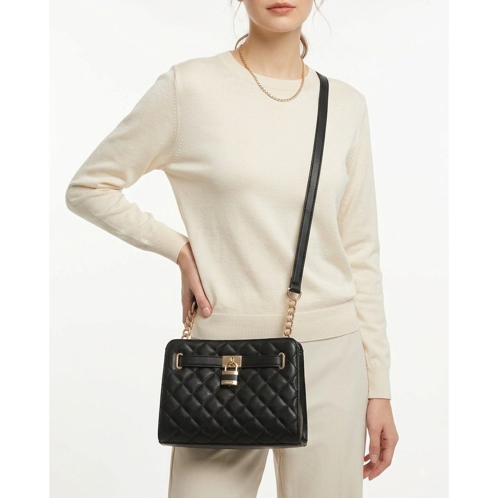 Call It Spring - Black Quilted Shoulder‎ Bag Lock Chain Strap Crossbody Purse